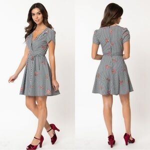 Smak Parlour Gingham Floral Embroidered Faux Wrap Mini Dress Retro - Size M